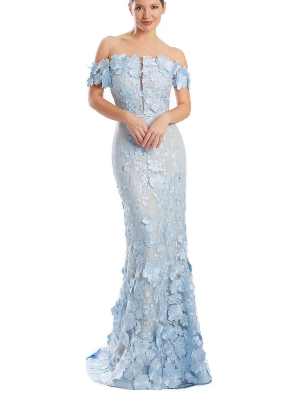 Off-Shoulder Light Blue Floral Appliqué Mermaid Gown